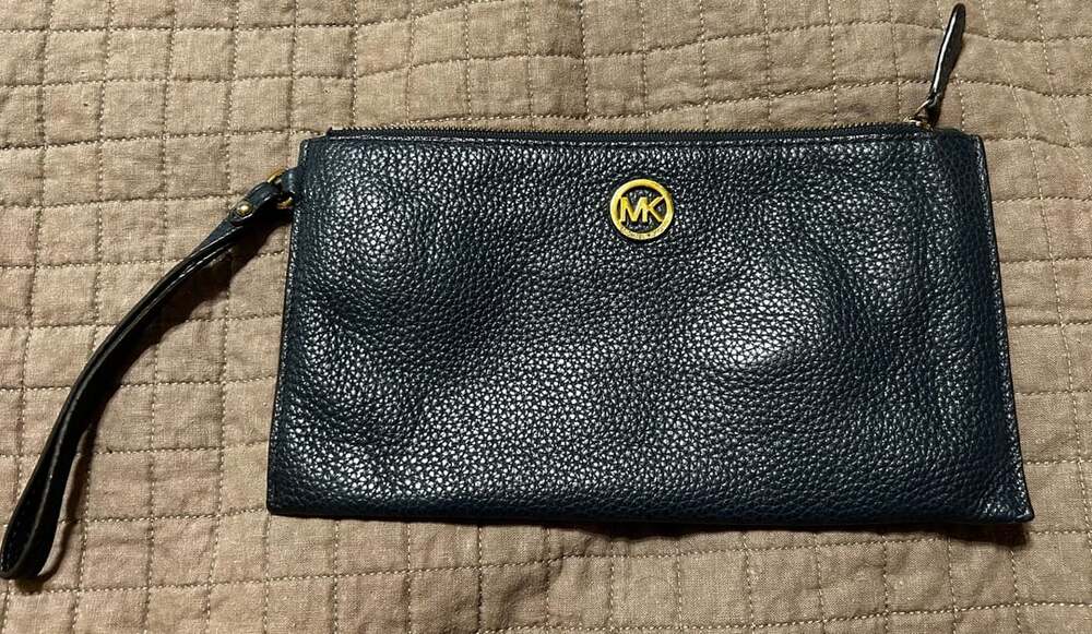 Michael Kors Fulton Large Zip Clutch Wristlet Navy Pebbled Leather